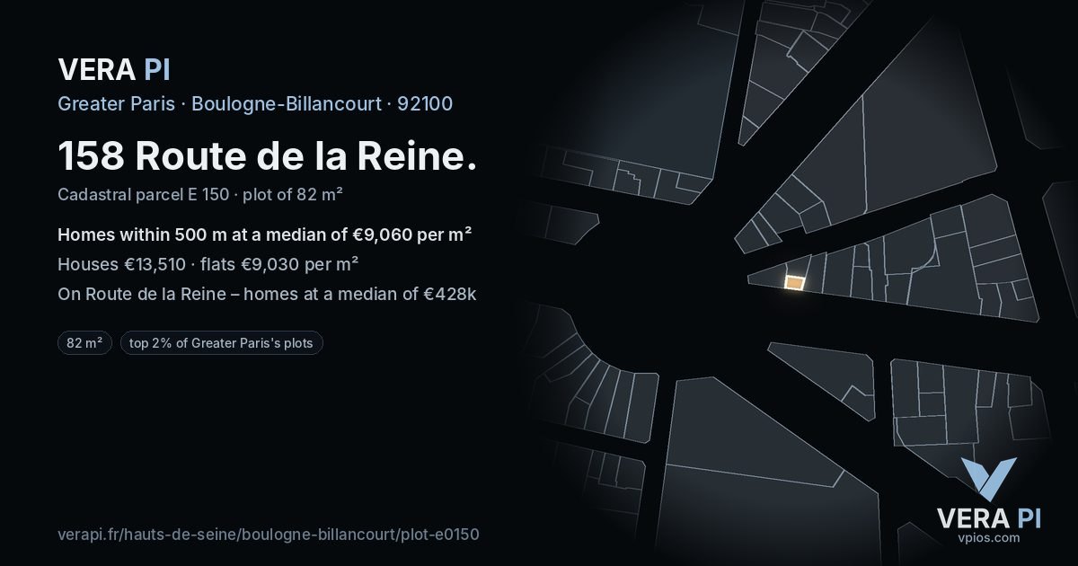 158 Route de la Reine, Boulogne-Billancourt at night – the plot lit, the parcels around coloured by the prices near them