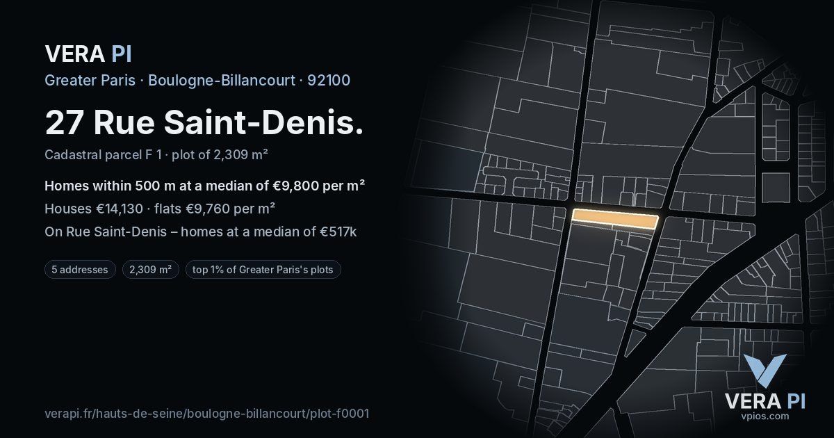 27 Rue Saint-Denis, Boulogne-Billancourt at night – the plot lit, the parcels around coloured by the prices near them