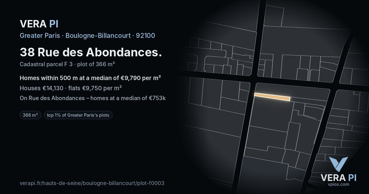 38 Rue des Abondances, Boulogne-Billancourt at night – the plot lit, the parcels around coloured by the prices near them