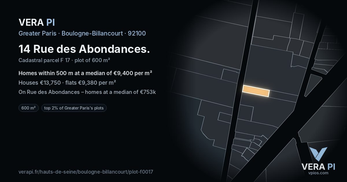 14 Rue des Abondances, Boulogne-Billancourt at night – the plot lit, the parcels around coloured by the prices near them