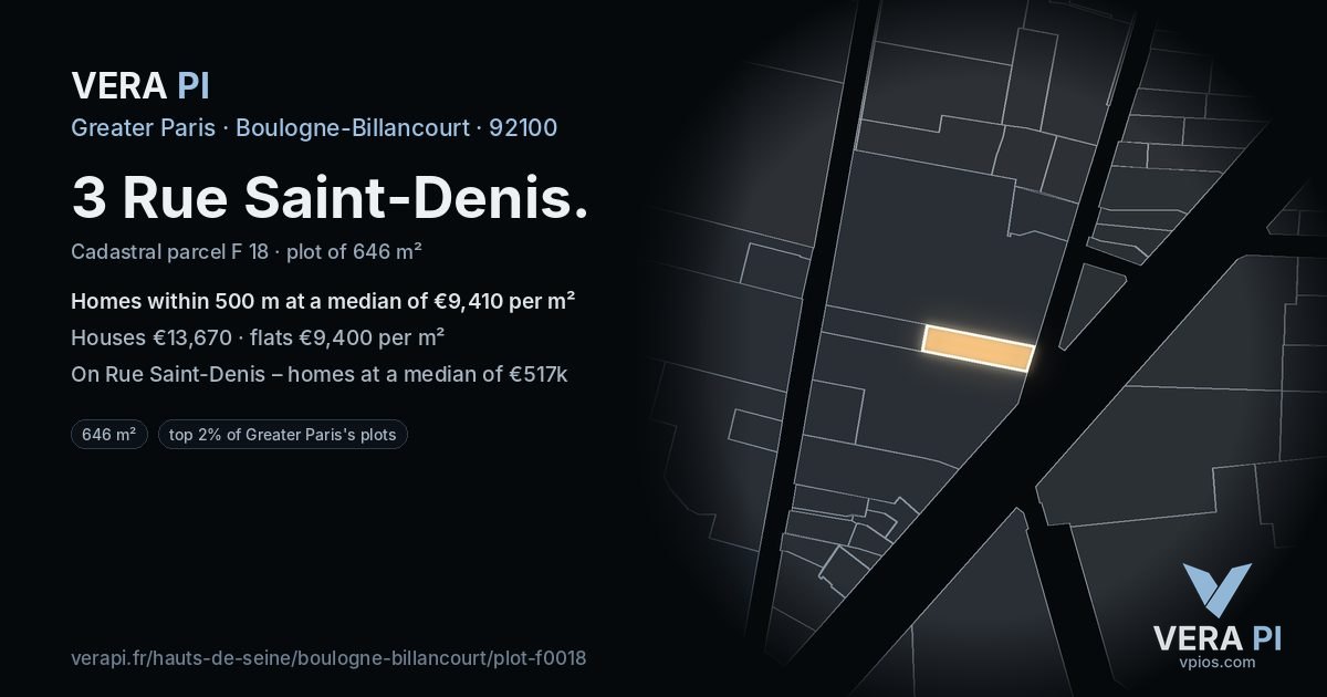 3 Rue Saint-Denis, Boulogne-Billancourt at night – the plot lit, the parcels around coloured by the prices near them