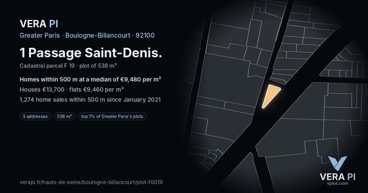 1 Passage Saint-Denis, Boulogne-Billancourt at night – the plot lit, the parcels around coloured by the prices near them