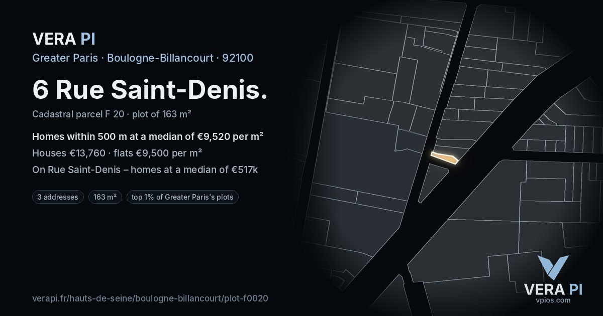 6 Rue Saint-Denis, Boulogne-Billancourt at night – the plot lit, the parcels around coloured by the prices near them