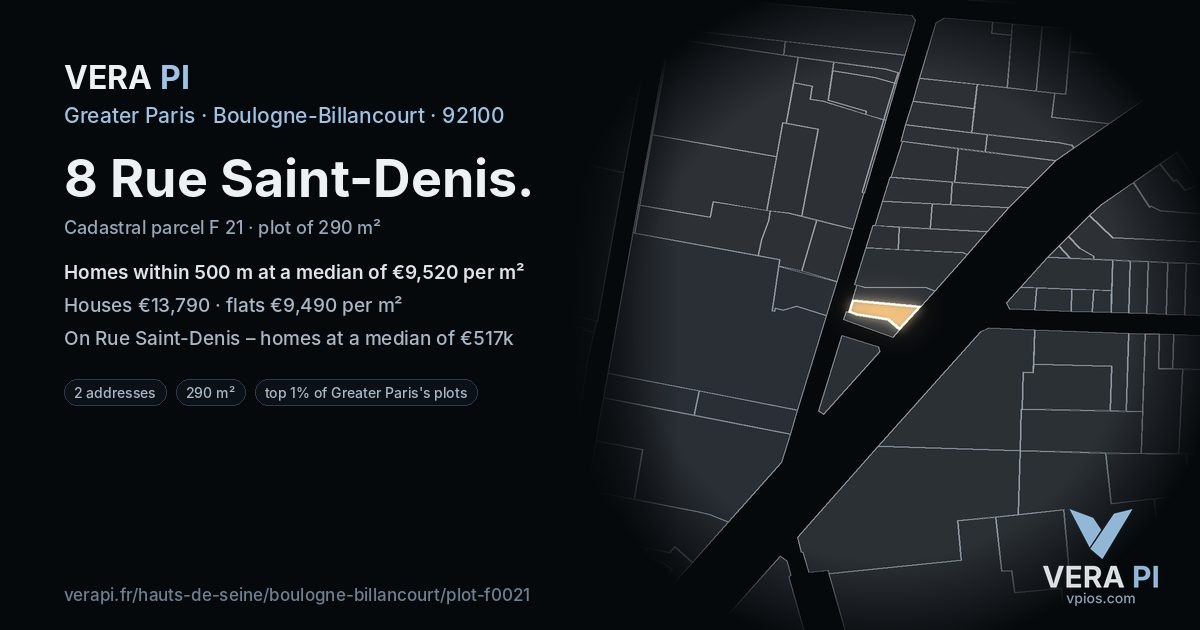 8 Rue Saint-Denis, Boulogne-Billancourt at night – the plot lit, the parcels around coloured by the prices near them