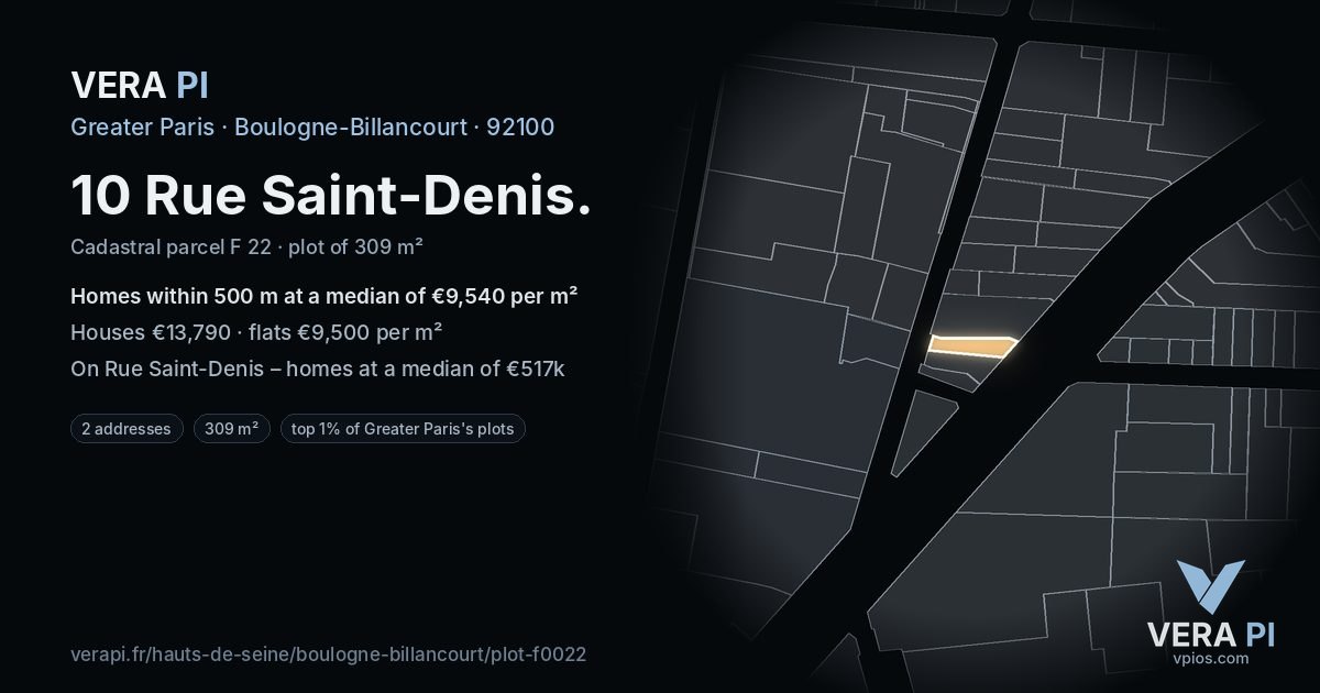 10 Rue Saint-Denis, Boulogne-Billancourt at night – the plot lit, the parcels around coloured by the prices near them