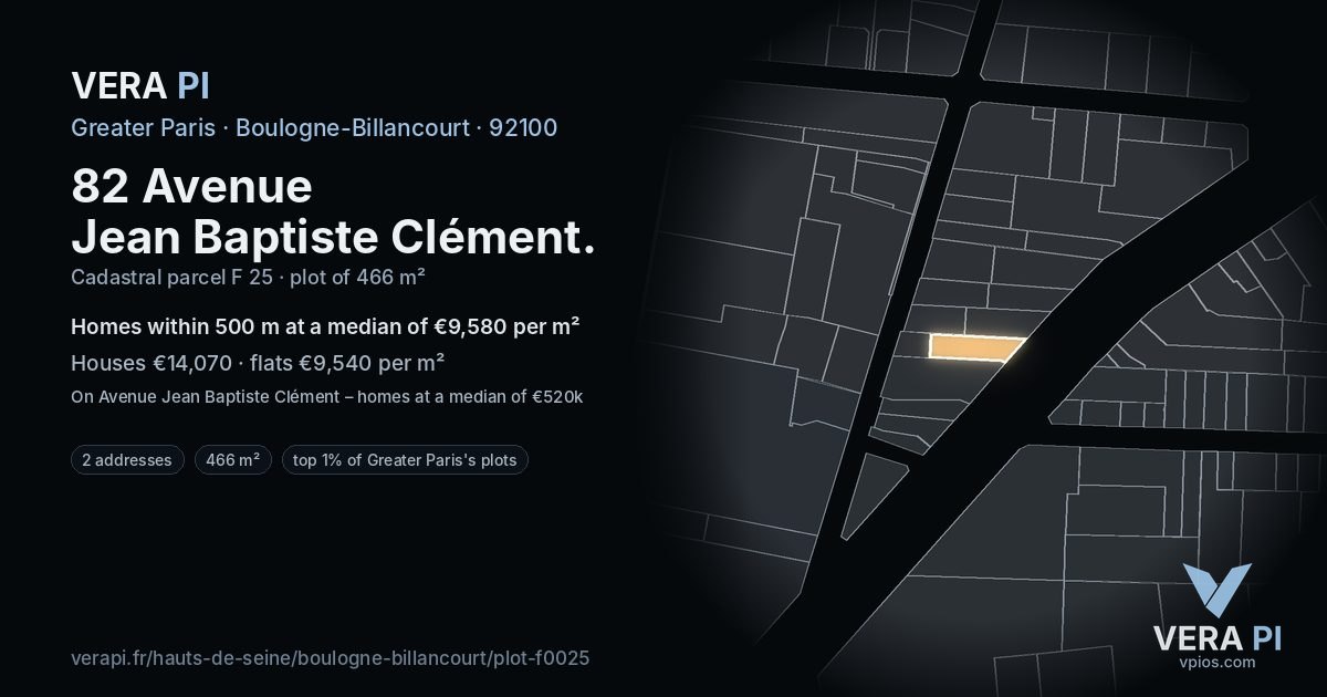 82 Avenue Jean Baptiste Clément, Boulogne-Billancourt at night – the plot lit, the parcels around coloured by the prices near them