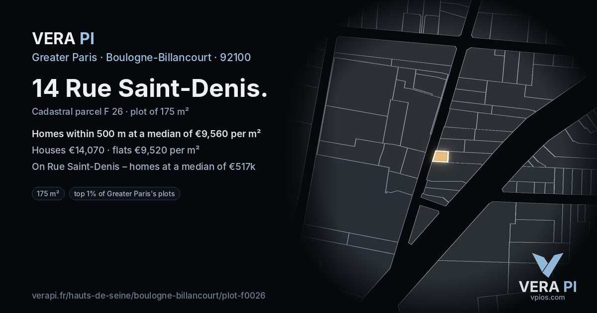 14 Rue Saint-Denis, Boulogne-Billancourt at night – the plot lit, the parcels around coloured by the prices near them