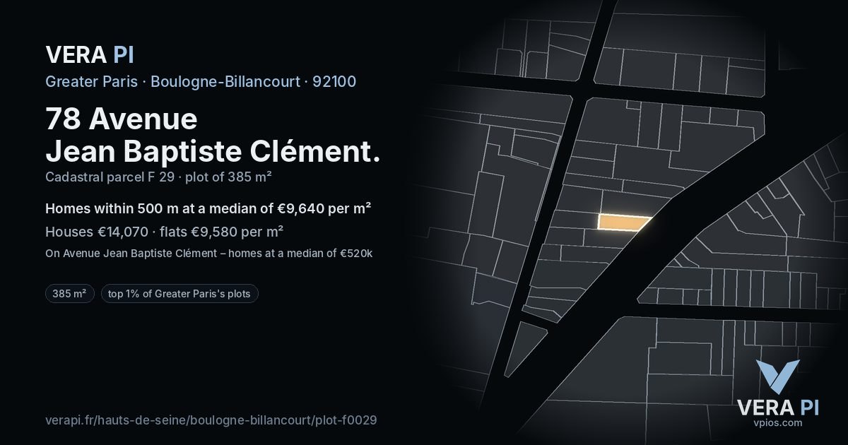 78 Avenue Jean Baptiste Clément, Boulogne-Billancourt at night – the plot lit, the parcels around coloured by the prices near them
