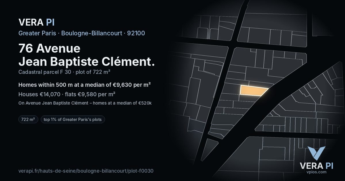 76 Avenue Jean Baptiste Clément, Boulogne-Billancourt at night – the plot lit, the parcels around coloured by the prices near them