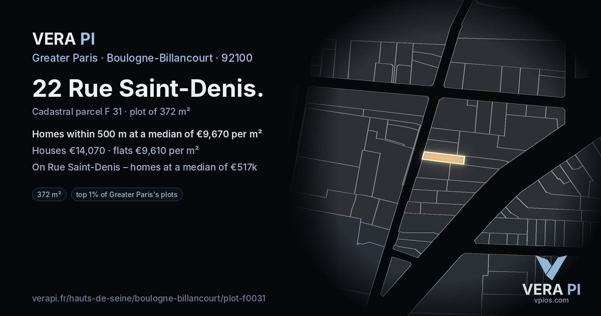 22 Rue Saint-Denis, Boulogne-Billancourt at night – the plot lit, the parcels around coloured by the prices near them