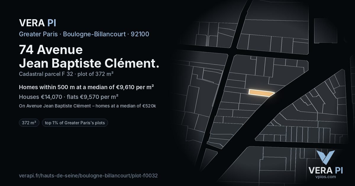74 Avenue Jean Baptiste Clément, Boulogne-Billancourt at night – the plot lit, the parcels around coloured by the prices near them