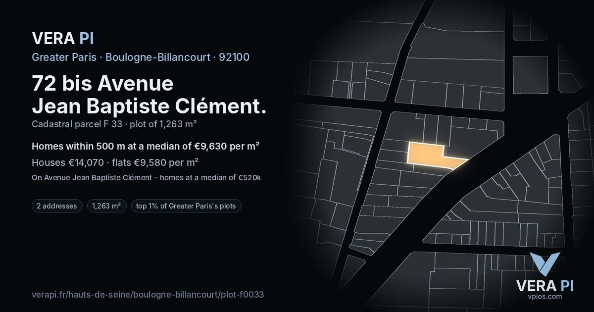 72 bis Avenue Jean Baptiste Clément, Boulogne-Billancourt at night – the plot lit, the parcels around coloured by the prices near them