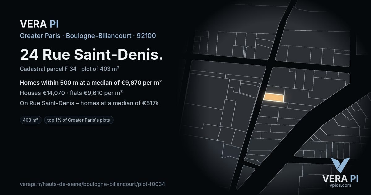 24 Rue Saint-Denis, Boulogne-Billancourt at night – the plot lit, the parcels around coloured by the prices near them