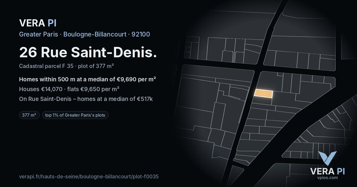 26 Rue Saint-Denis, Boulogne-Billancourt at night – the plot lit, the parcels around coloured by the prices near them