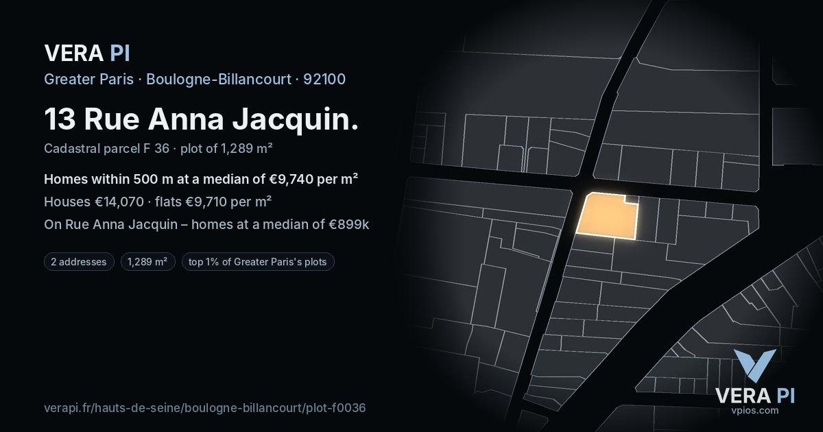 13 Rue Anna Jacquin, Boulogne-Billancourt at night – the plot lit, the parcels around coloured by the prices near them