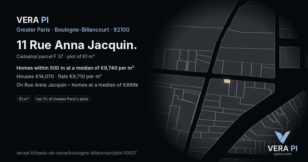 11 Rue Anna Jacquin, Boulogne-Billancourt at night – the plot lit, the parcels around coloured by the prices near them