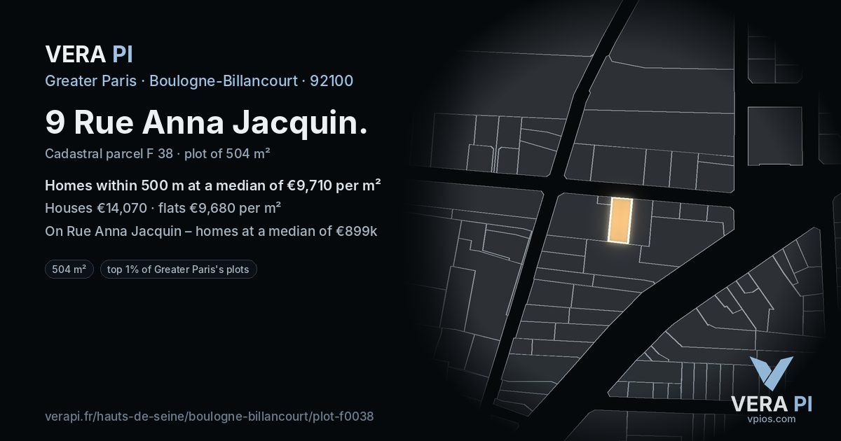 9 Rue Anna Jacquin, Boulogne-Billancourt at night – the plot lit, the parcels around coloured by the prices near them