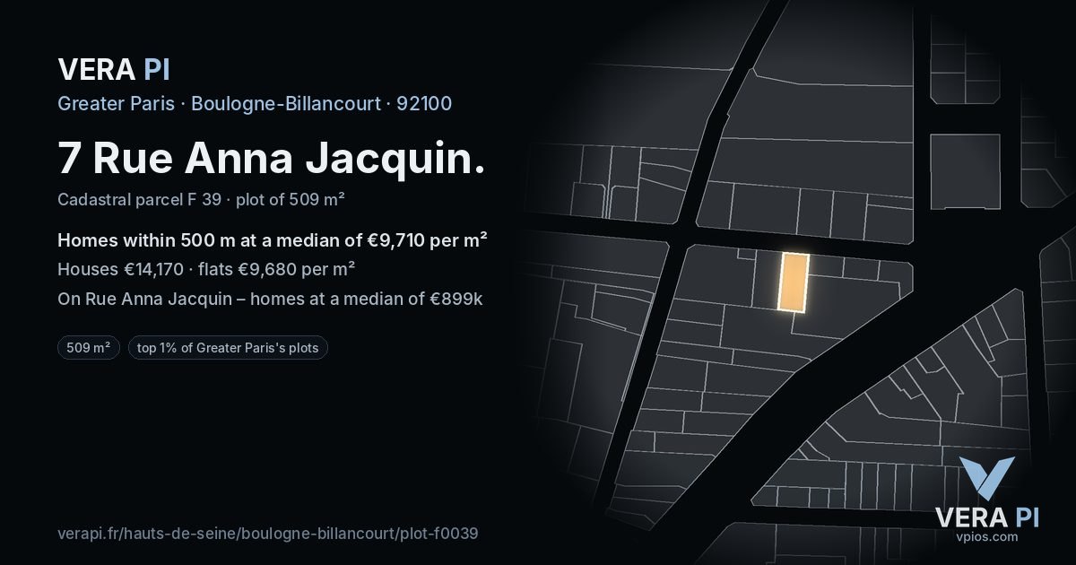 7 Rue Anna Jacquin, Boulogne-Billancourt at night – the plot lit, the parcels around coloured by the prices near them
