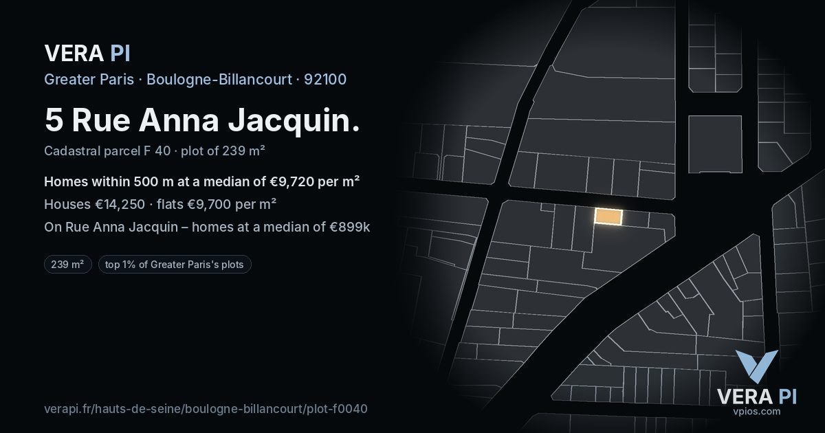 5 Rue Anna Jacquin, Boulogne-Billancourt at night – the plot lit, the parcels around coloured by the prices near them