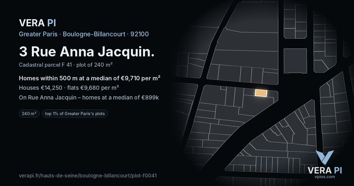 3 Rue Anna Jacquin, Boulogne-Billancourt at night – the plot lit, the parcels around coloured by the prices near them