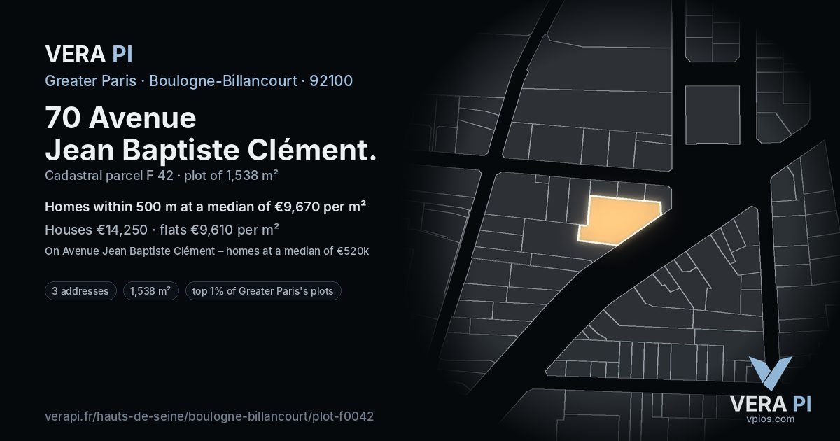 70 Avenue Jean Baptiste Clément, Boulogne-Billancourt at night – the plot lit, the parcels around coloured by the prices near them