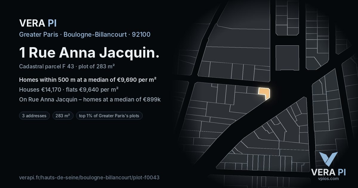 1 Rue Anna Jacquin, Boulogne-Billancourt at night – the plot lit, the parcels around coloured by the prices near them