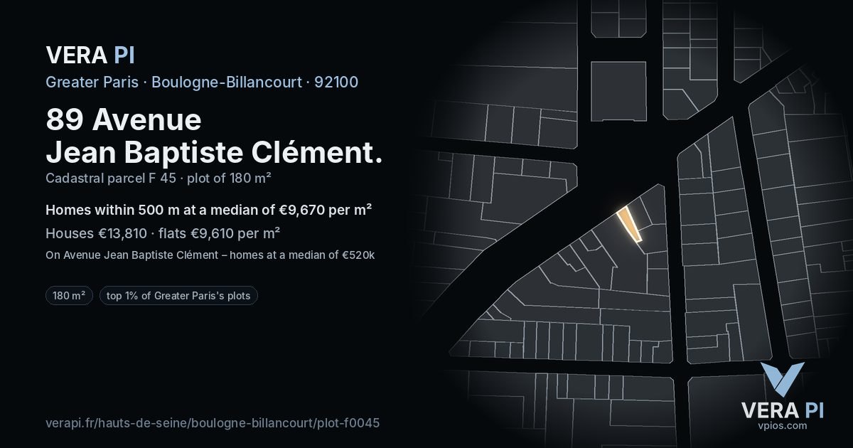 89 Avenue Jean Baptiste Clément, Boulogne-Billancourt at night – the plot lit, the parcels around coloured by the prices near them