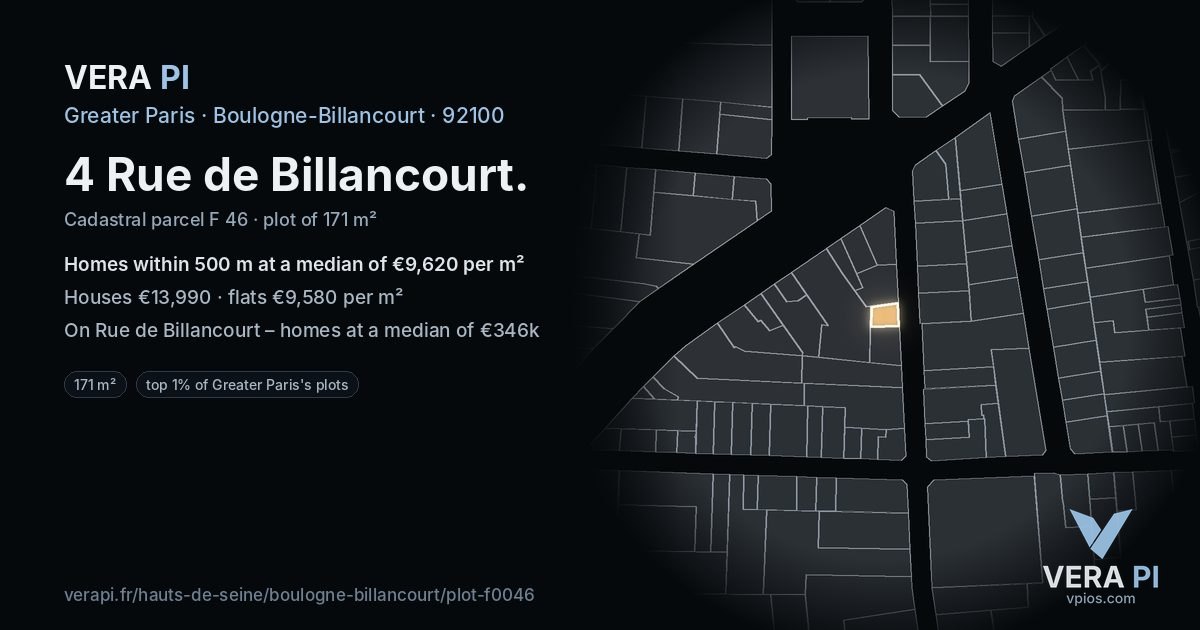 4 Rue de Billancourt, Boulogne-Billancourt at night – the plot lit, the parcels around coloured by the prices near them