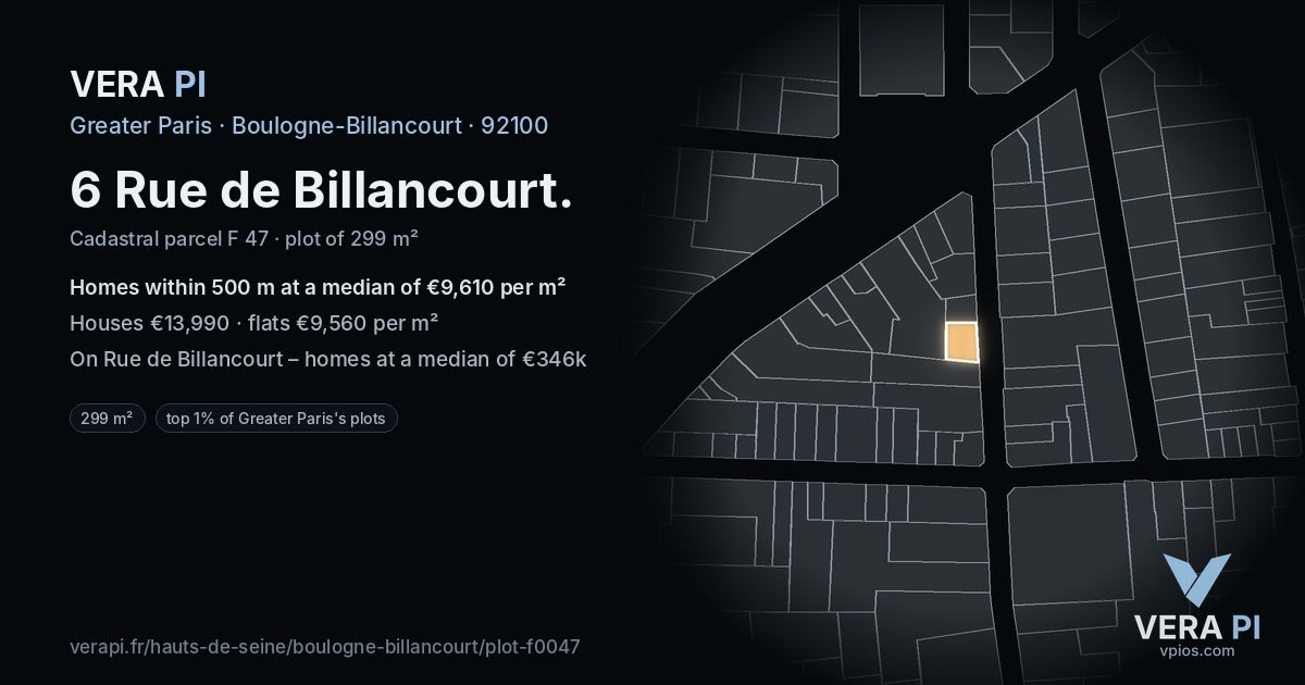 6 Rue de Billancourt, Boulogne-Billancourt at night – the plot lit, the parcels around coloured by the prices near them