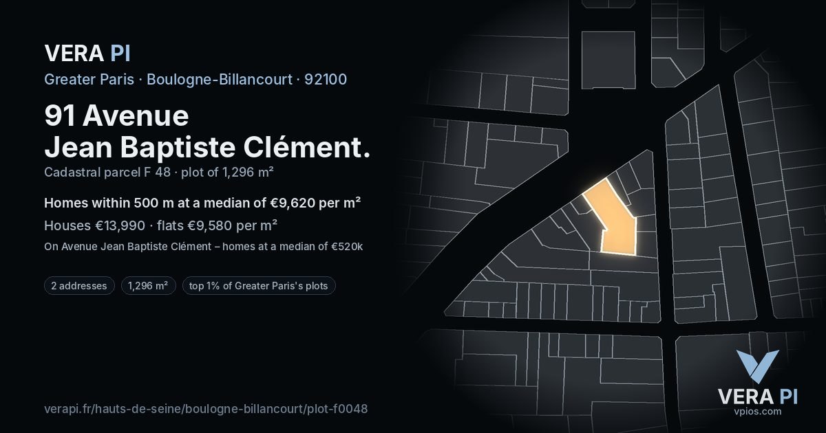91 Avenue Jean Baptiste Clément, Boulogne-Billancourt at night – the plot lit, the parcels around coloured by the prices near them
