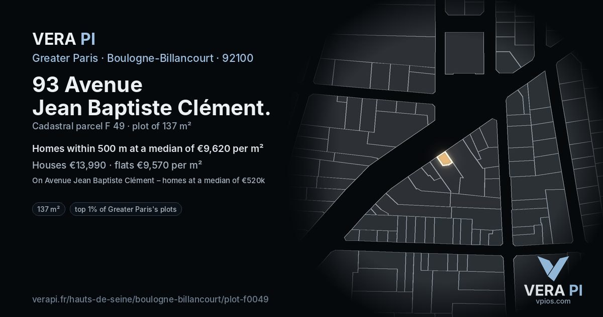 93 Avenue Jean Baptiste Clément, Boulogne-Billancourt at night – the plot lit, the parcels around coloured by the prices near them
