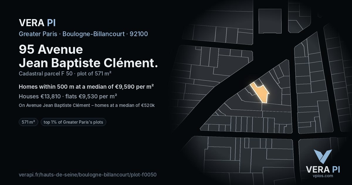 95 Avenue Jean Baptiste Clément, Boulogne-Billancourt at night – the plot lit, the parcels around coloured by the prices near them