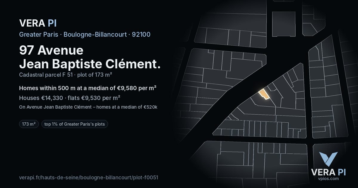 97 Avenue Jean Baptiste Clément, Boulogne-Billancourt at night – the plot lit, the parcels around coloured by the prices near them