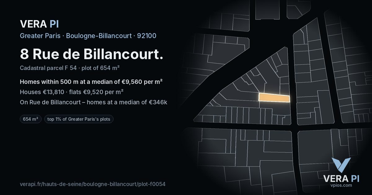 8 Rue de Billancourt, Boulogne-Billancourt at night – the plot lit, the parcels around coloured by the prices near them