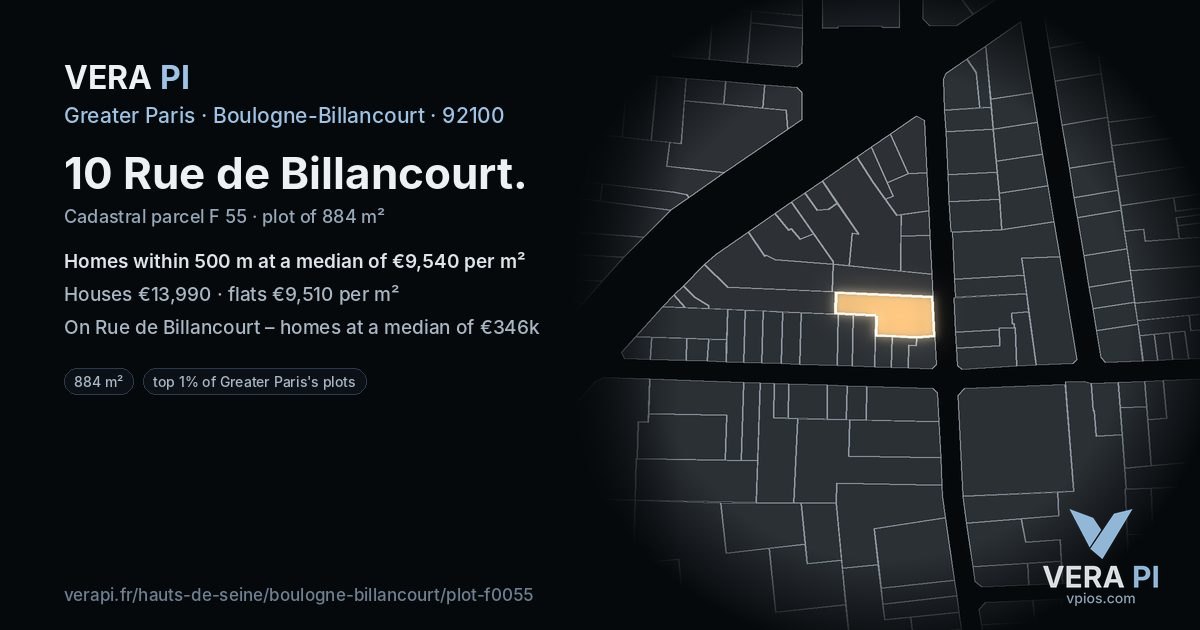 10 Rue de Billancourt, Boulogne-Billancourt at night – the plot lit, the parcels around coloured by the prices near them