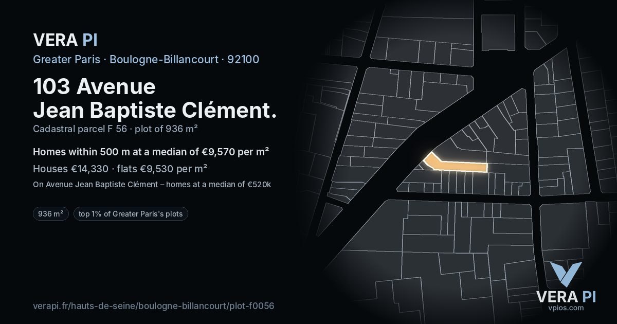 103 Avenue Jean Baptiste Clément, Boulogne-Billancourt at night – the plot lit, the parcels around coloured by the prices near them