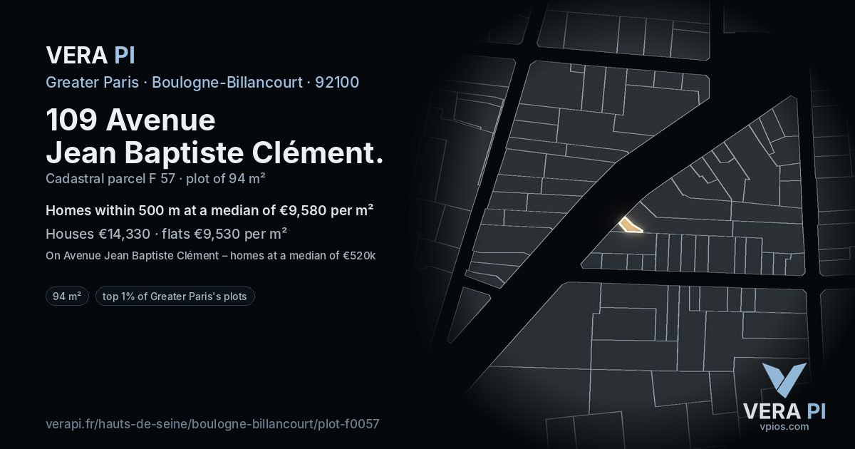 109 Avenue Jean Baptiste Clément, Boulogne-Billancourt at night – the plot lit, the parcels around coloured by the prices near them