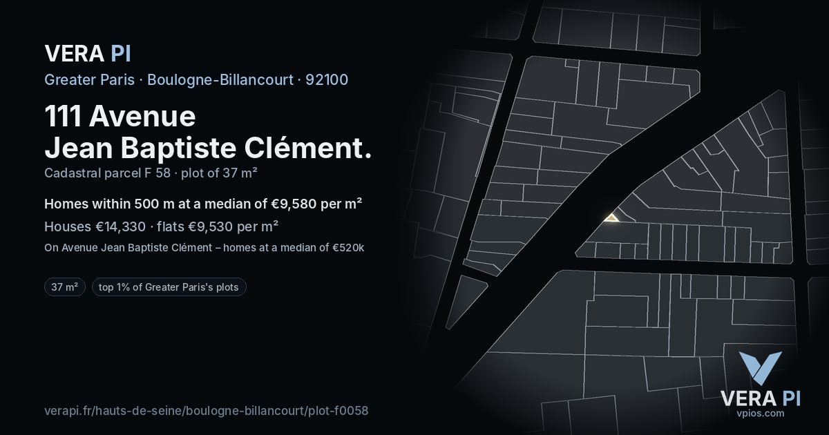 111 Avenue Jean Baptiste Clément, Boulogne-Billancourt at night – the plot lit, the parcels around coloured by the prices near them