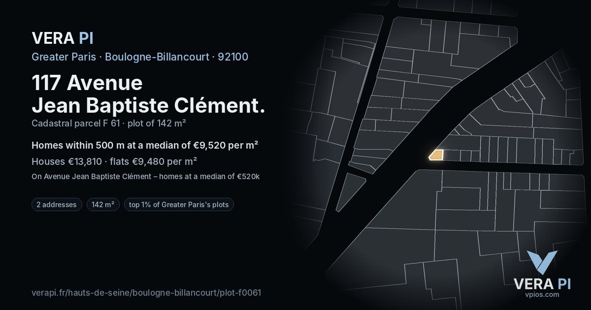 117 Avenue Jean Baptiste Clément, Boulogne-Billancourt at night – the plot lit, the parcels around coloured by the prices near them