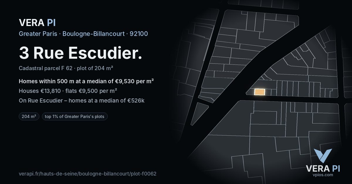 3 Rue Escudier, Boulogne-Billancourt at night – the plot lit, the parcels around coloured by the prices near them