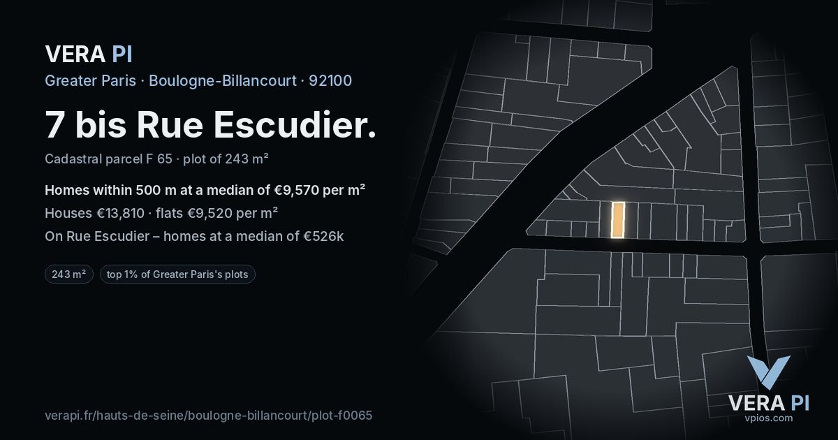 7 bis Rue Escudier, Boulogne-Billancourt at night – the plot lit, the parcels around coloured by the prices near them