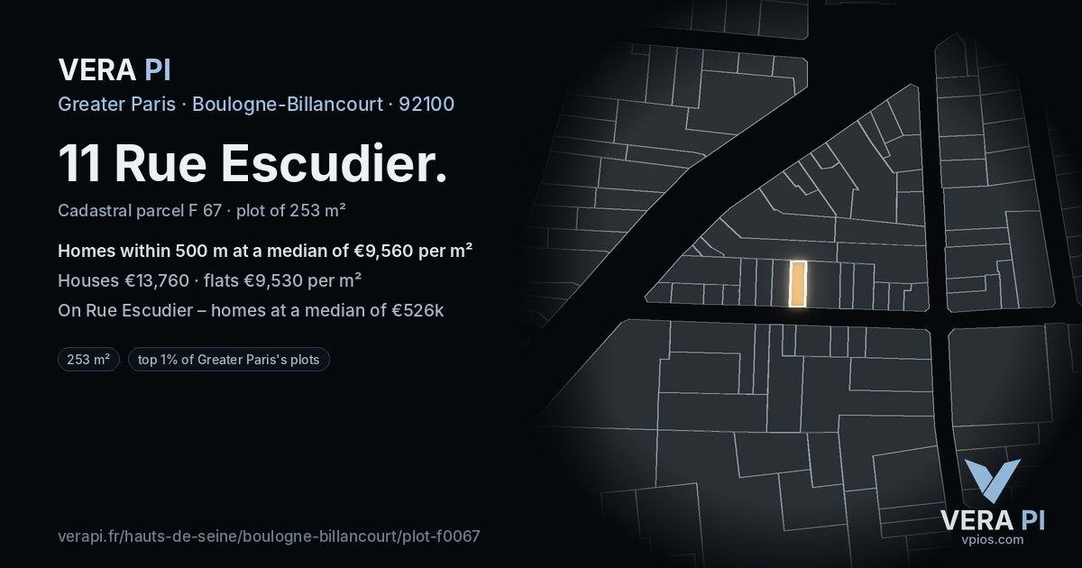 11 Rue Escudier, Boulogne-Billancourt at night – the plot lit, the parcels around coloured by the prices near them