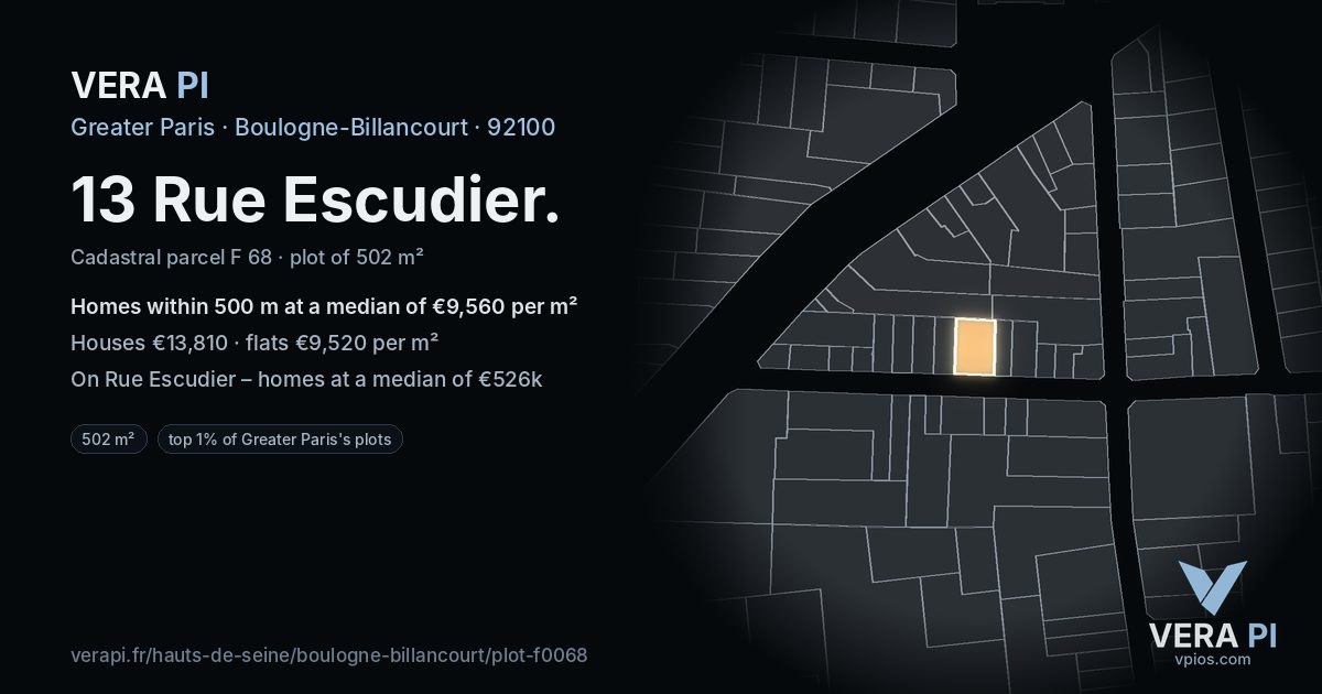 13 Rue Escudier, Boulogne-Billancourt at night – the plot lit, the parcels around coloured by the prices near them