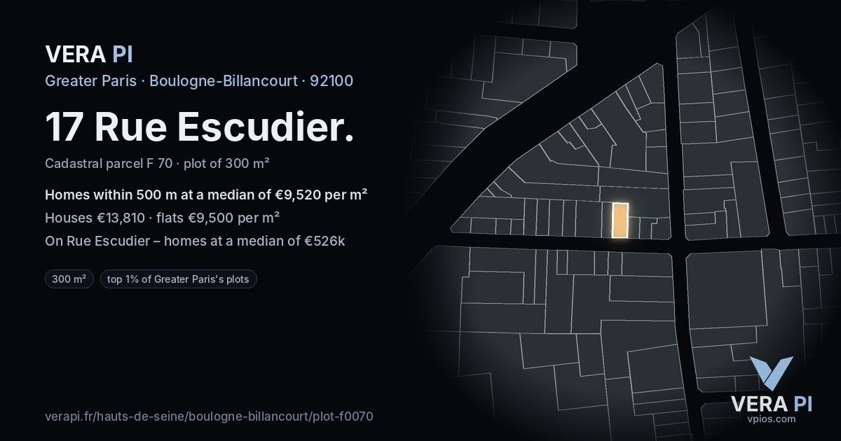 17 Rue Escudier, Boulogne-Billancourt at night – the plot lit, the parcels around coloured by the prices near them