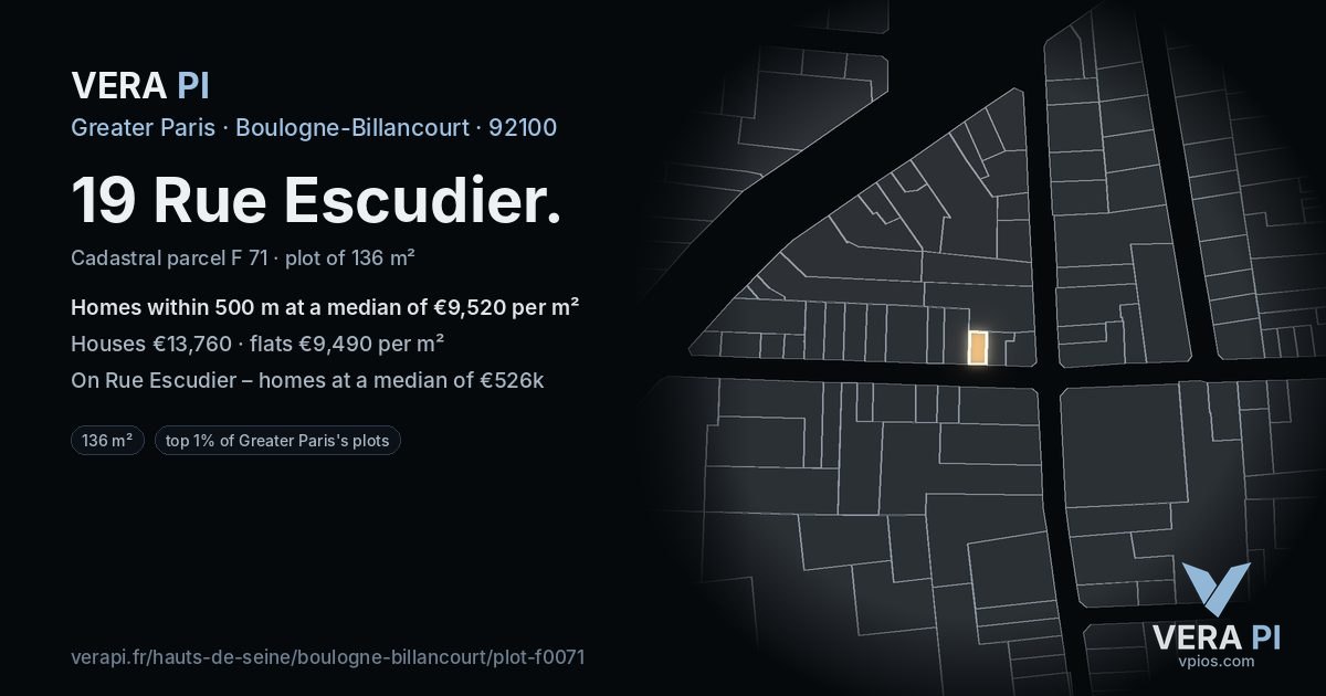 19 Rue Escudier, Boulogne-Billancourt at night – the plot lit, the parcels around coloured by the prices near them