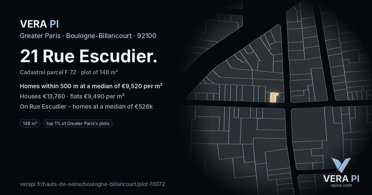 21 Rue Escudier, Boulogne-Billancourt at night – the plot lit, the parcels around coloured by the prices near them