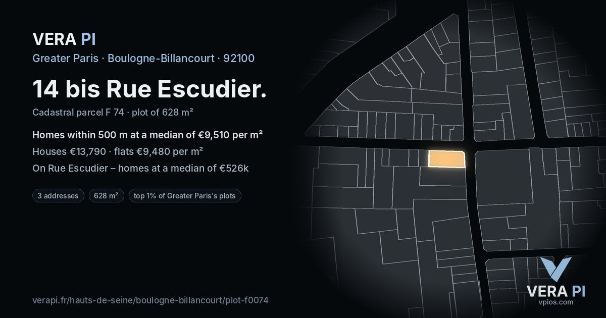 14 bis Rue Escudier, Boulogne-Billancourt at night – the plot lit, the parcels around coloured by the prices near them