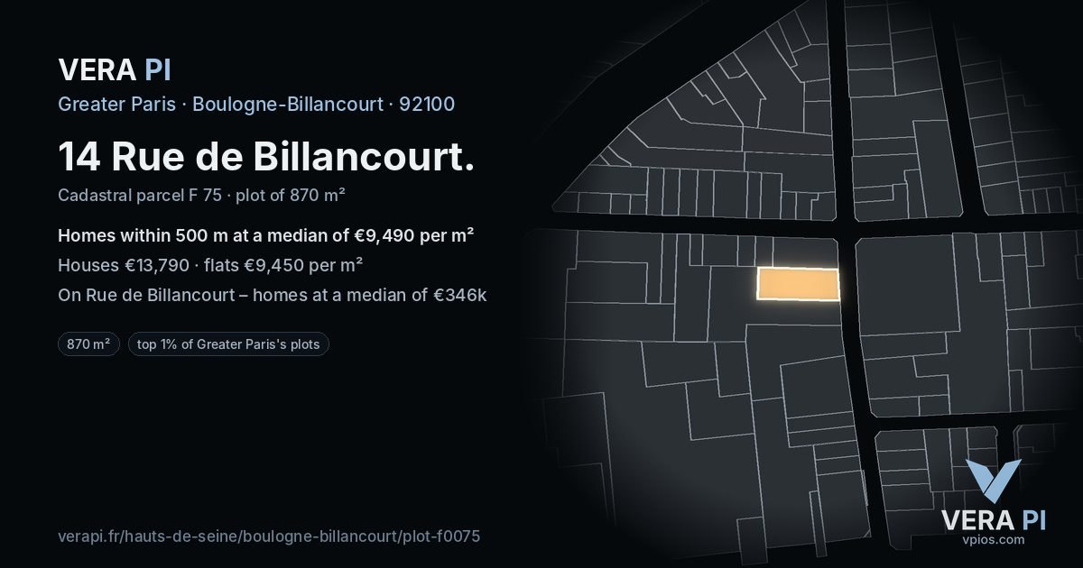 14 Rue de Billancourt, Boulogne-Billancourt at night – the plot lit, the parcels around coloured by the prices near them