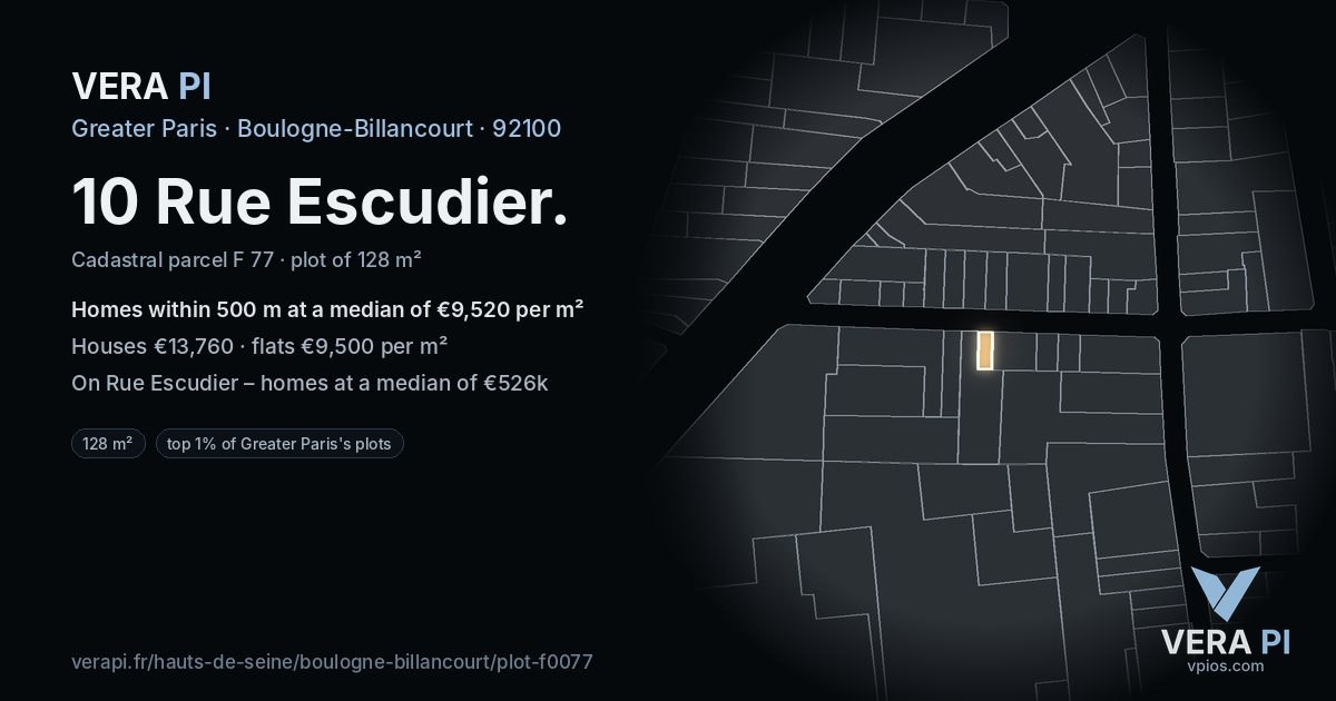 10 Rue Escudier, Boulogne-Billancourt at night – the plot lit, the parcels around coloured by the prices near them