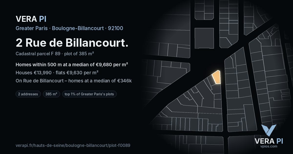 2 Rue de Billancourt, Boulogne-Billancourt at night – the plot lit, the parcels around coloured by the prices near them